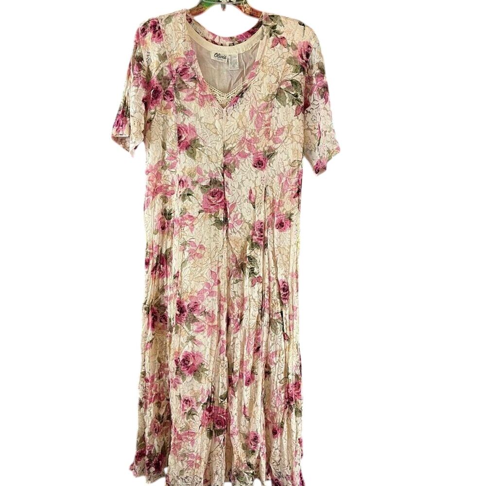 Vintage 90s Floral Lace Short Sleeve Maxi Dress Olivia Petite PL Petite Large Ro